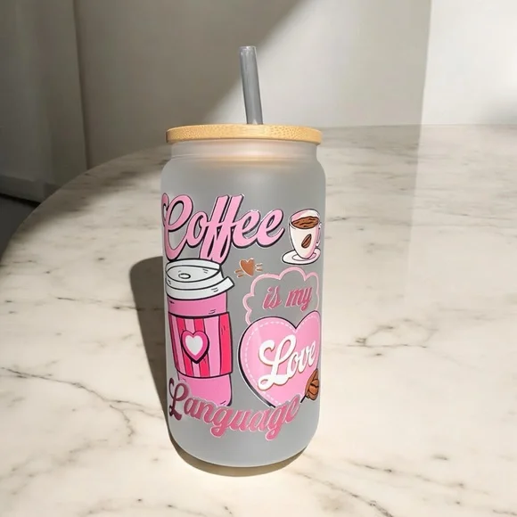 Coffee is my love language handmade glass can cup with bamboo lid and straw - Picture 3 of 4